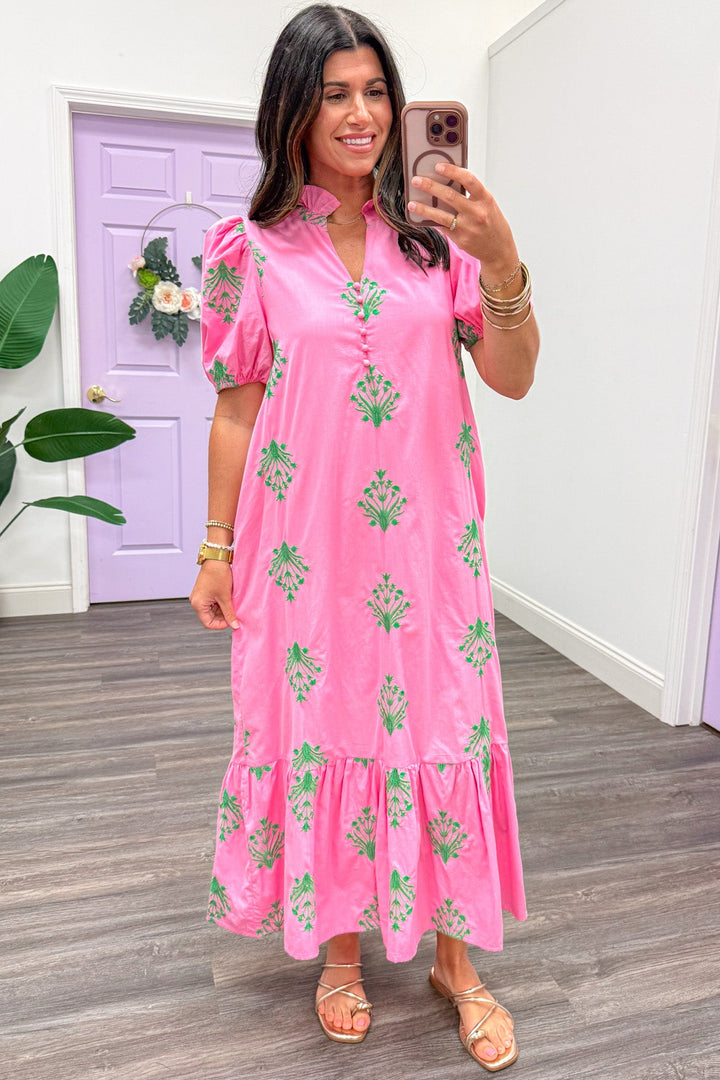pink with green embroidered flowers short elastic cuffed puff sleeves midi dress