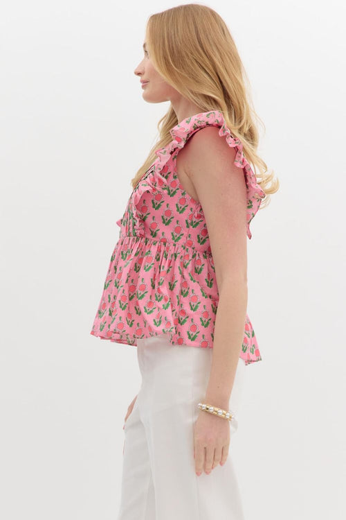 Entro Pink, red and green floral print peplum top with green ric-rac trim