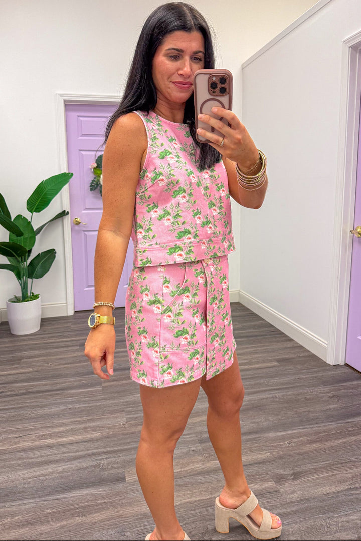 pink green and cream floral print denim wrap style mini skort shorts lined