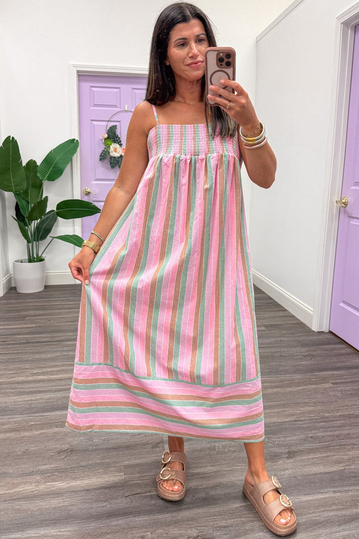 light pink sage green and tan striped sleeveless spaghetti strap cotton midi dress with flowy skirt