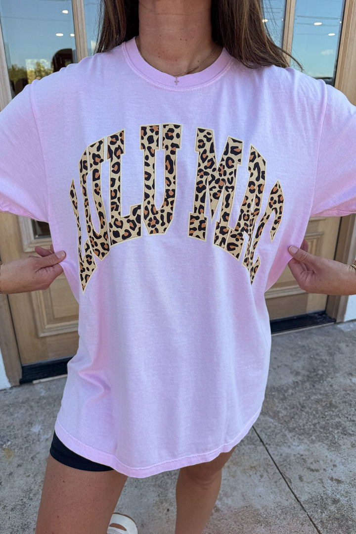 light pink with leopard print lulu mac graphic short sleeve crew neckline comfort colors tee