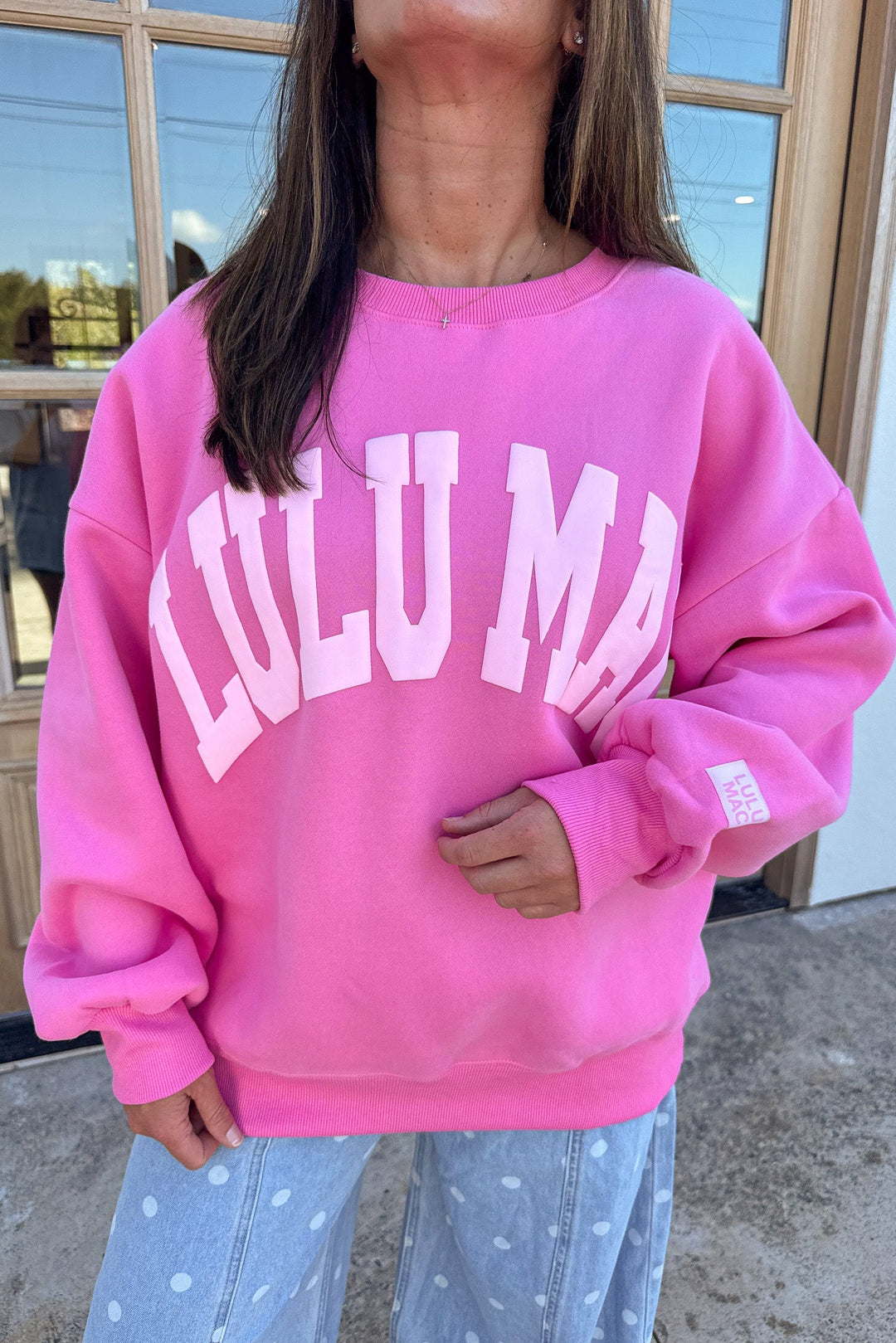pink with light pink puff letter lulu mac long sleeve ribbed crew neckline sweatshirt