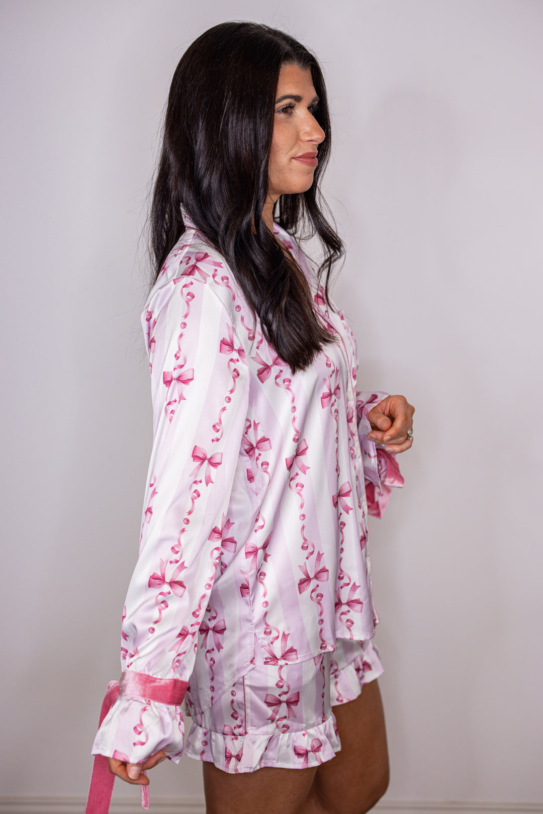 pink satin bow print pajama top
