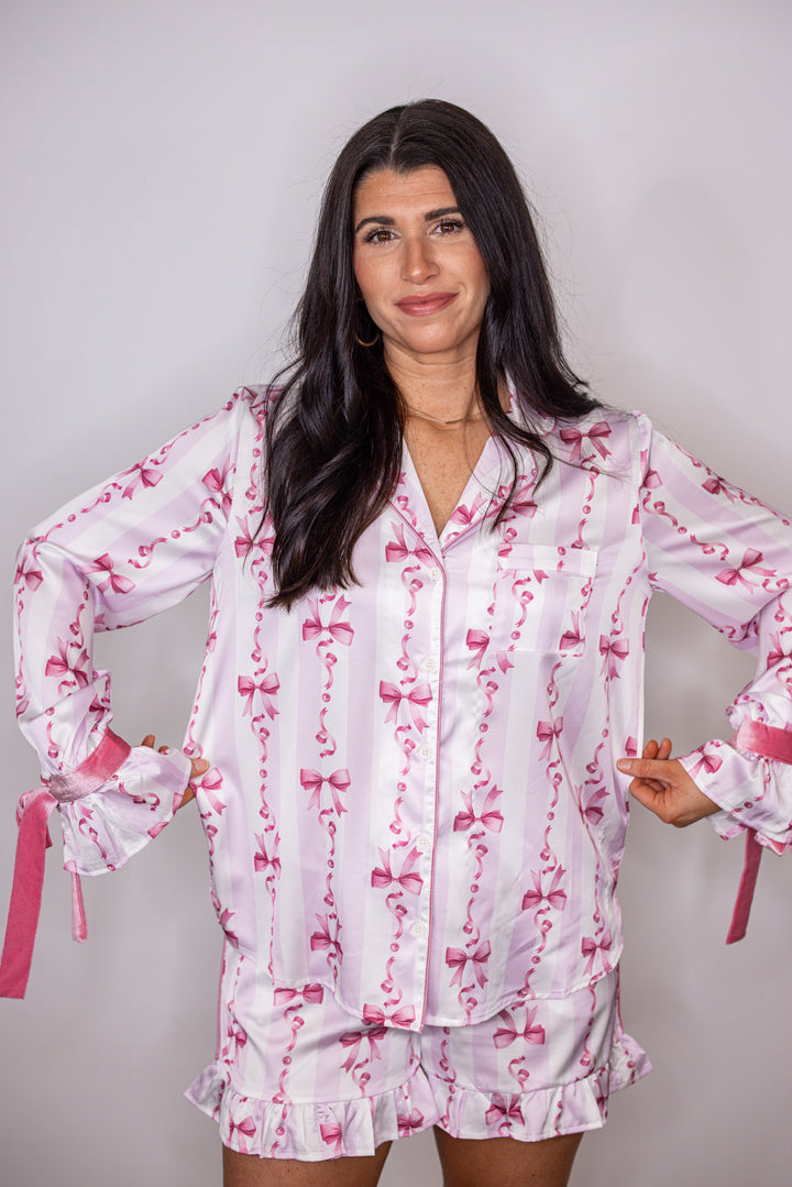 pink satin bow print pajama top