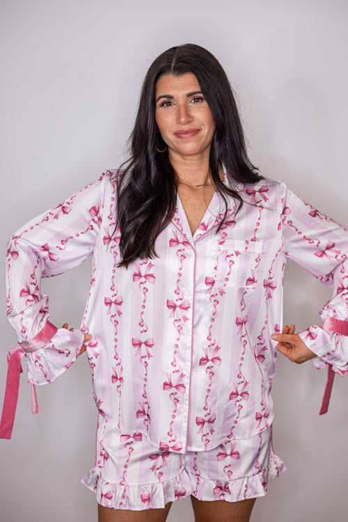 pink satin bow print pajama top
