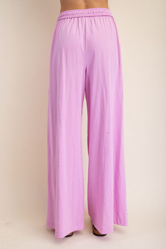 Pink cotton slub knit wide leg pants by Rae Mode showing back view