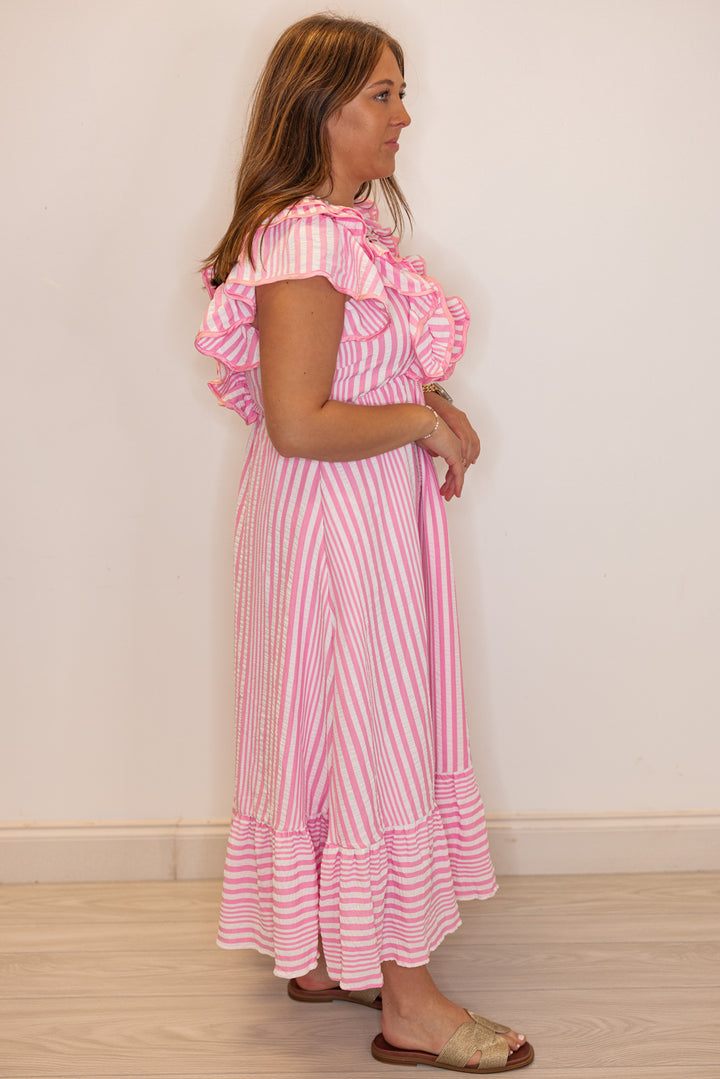 pink stripe ruffle midi dresses
