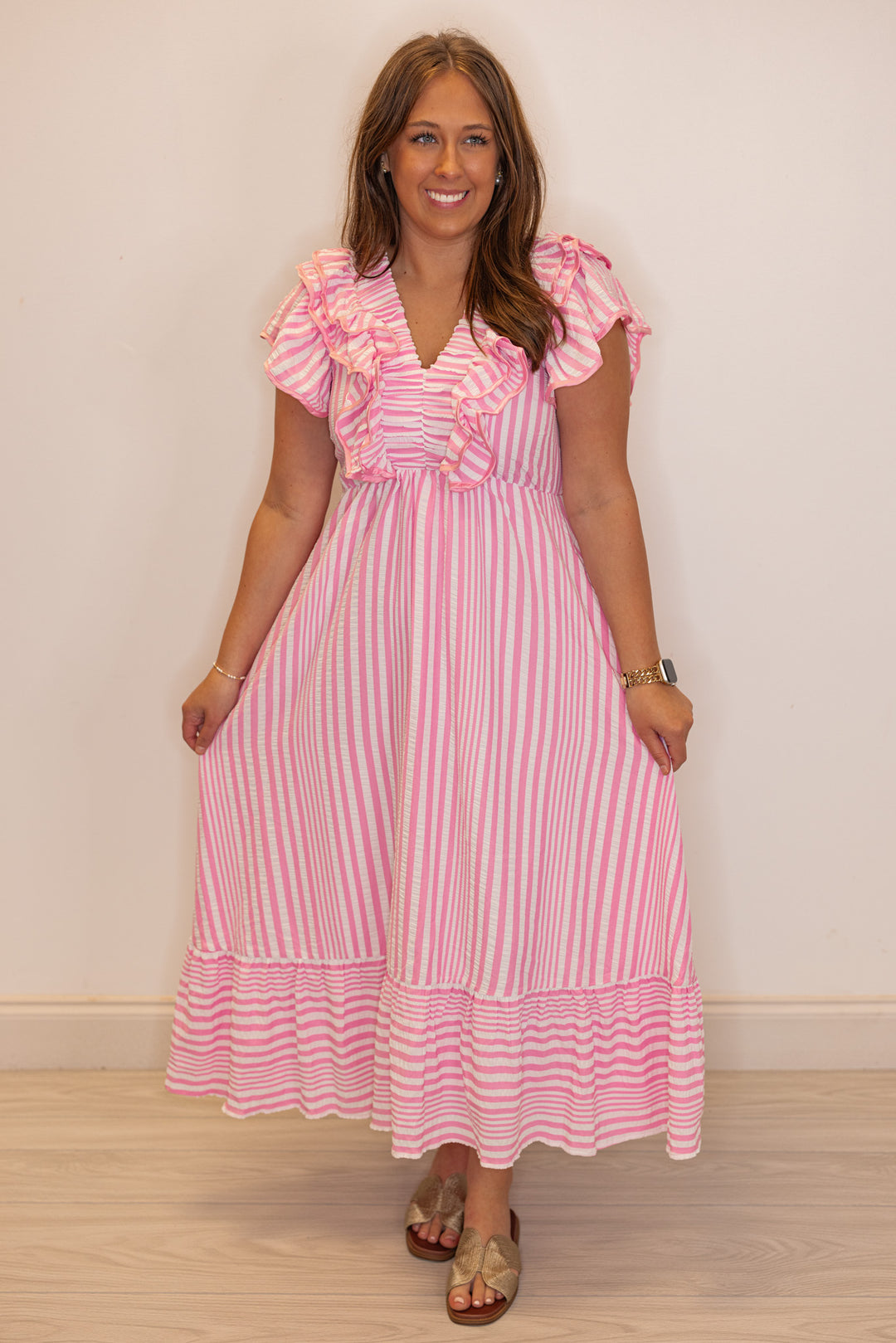 pink stripe ruffle sleeve midi dress
