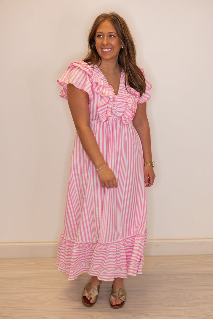 pink white stripe ruffle midi dress
