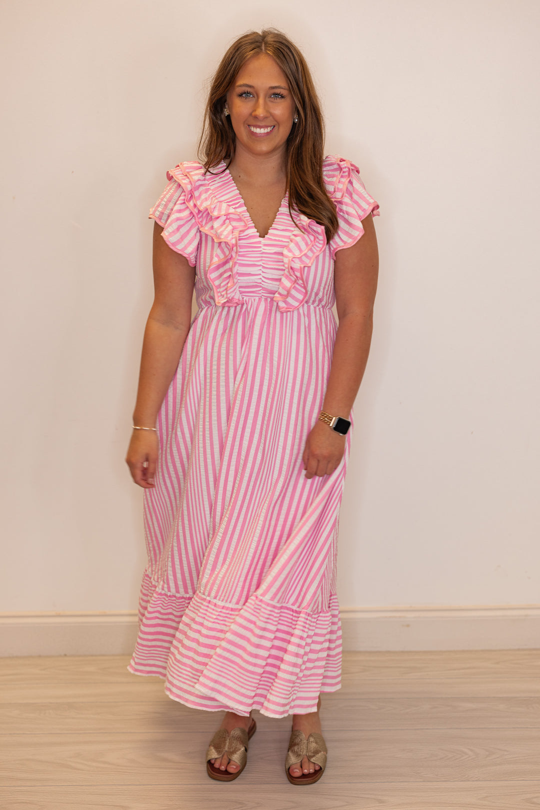 pink stripe bump friendly midi dress