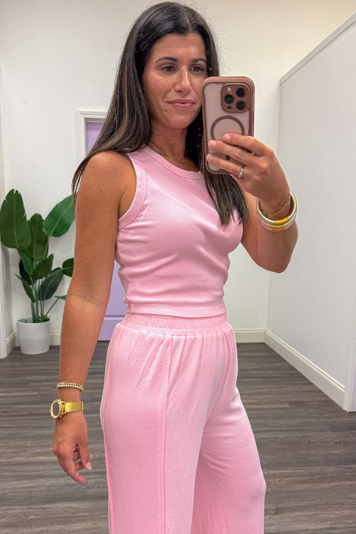 light pink crew neckline tank top and palazzo pants matching knit athleisure set