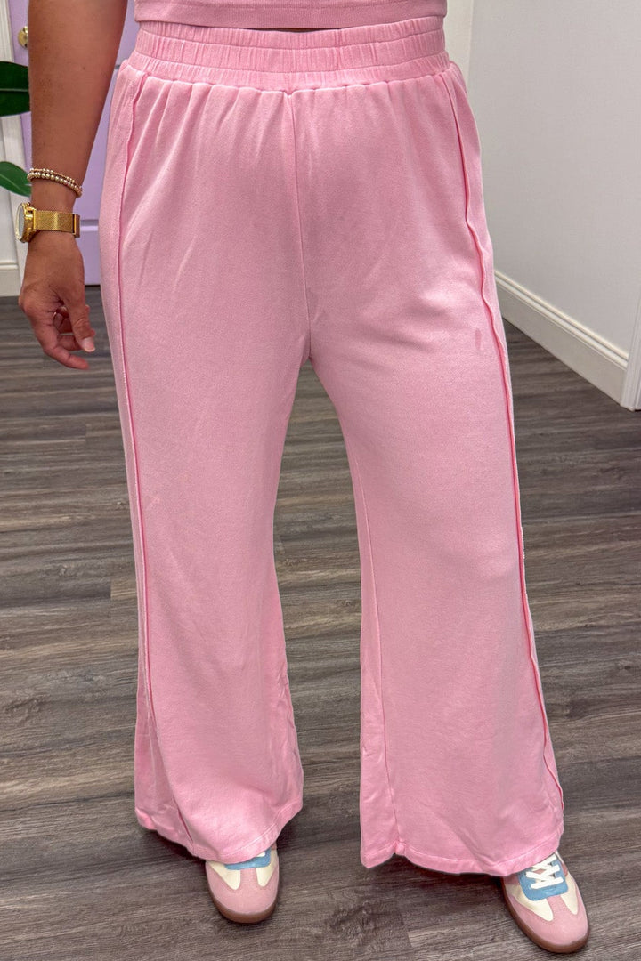 light pink tank top and wide leg palazzo pants matching knit athleisure set