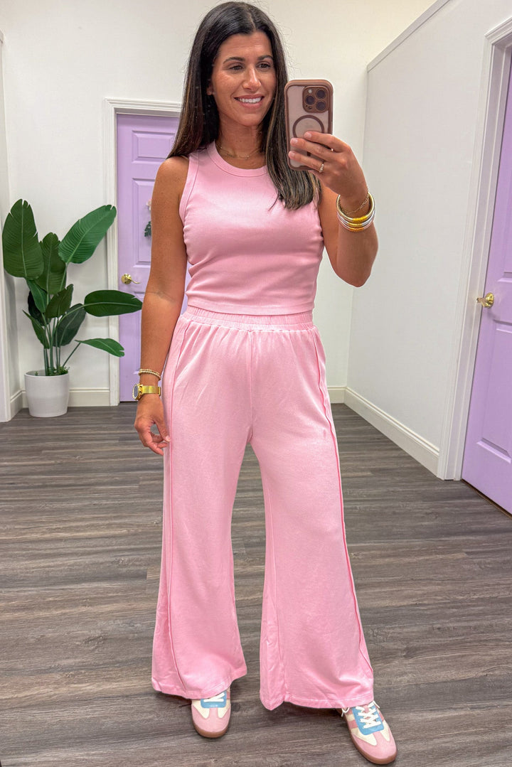 light pink tank top and palazzo pants matching knit athleisure set