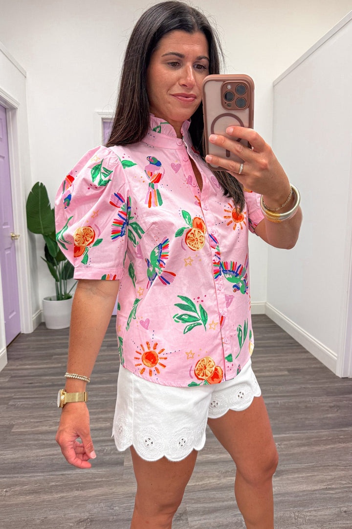 light pink with tropical themed print button down cuffed short puff sleeve top