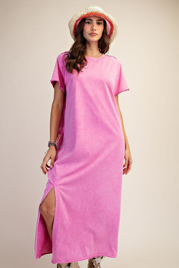 plus size pink cotton knit midi dress
