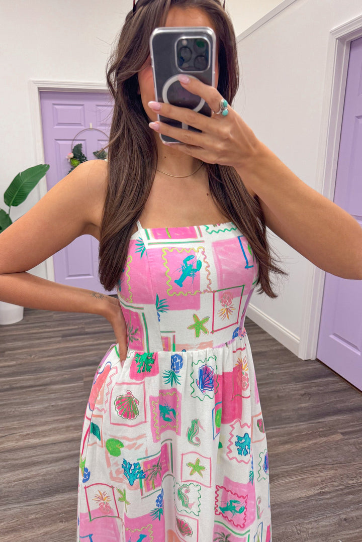 pink and cream beachy print empire waistline sleeveless maxi dress