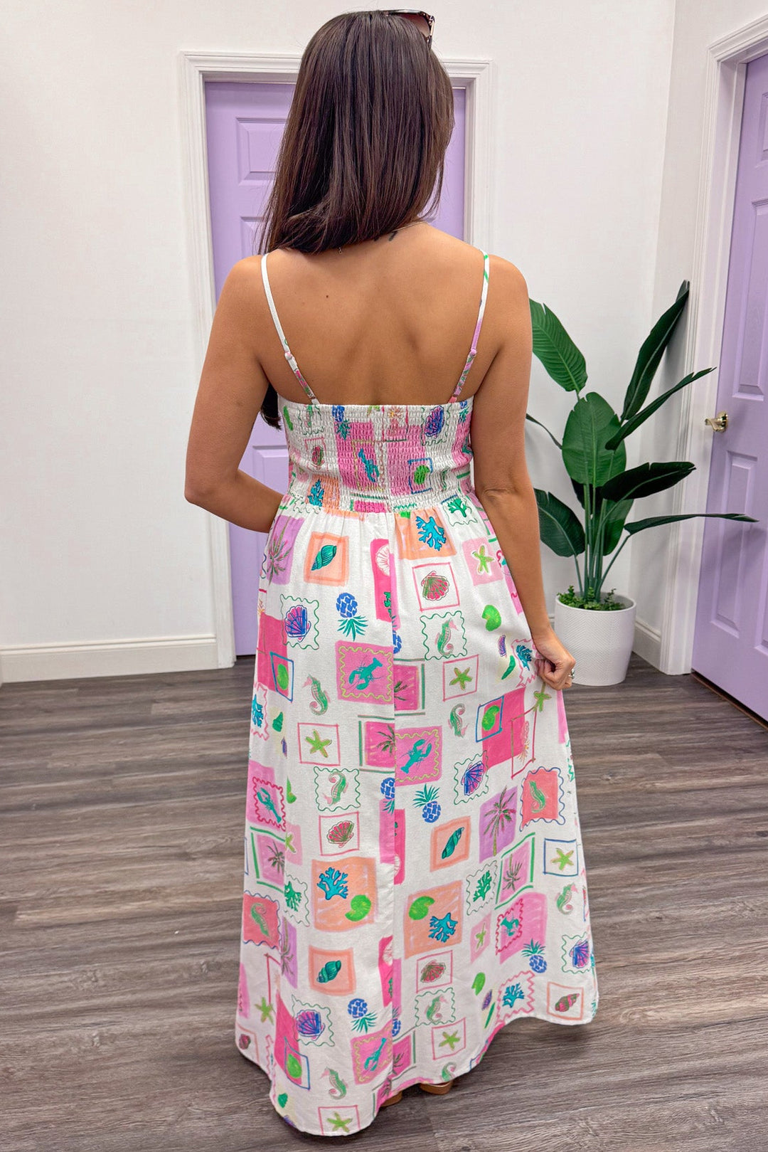 pink and cream tropical print adjustable spaghetti strap maxi dress