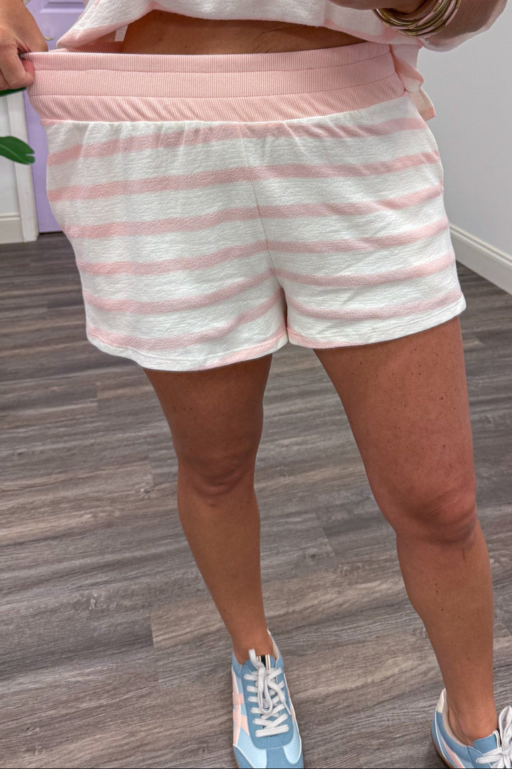 pink and white striped elastic waistband lightweight knit shorts