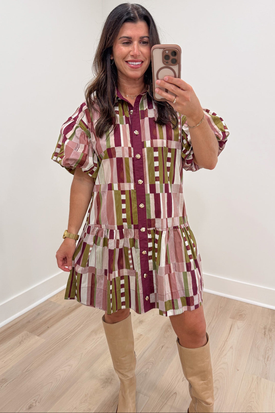 plum and multicolored abstract print short sleeve decorative gold button front short dress