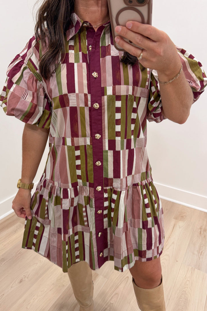plum and multicolored abstract print short sleeve collared neckline button front short dress