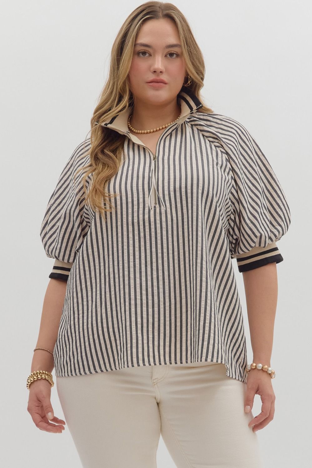 Women's plus black and cream striped top with black and cream ribbed trim detail by Entro