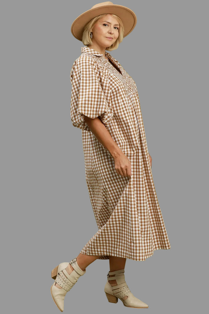 caramel gingham print midi dress