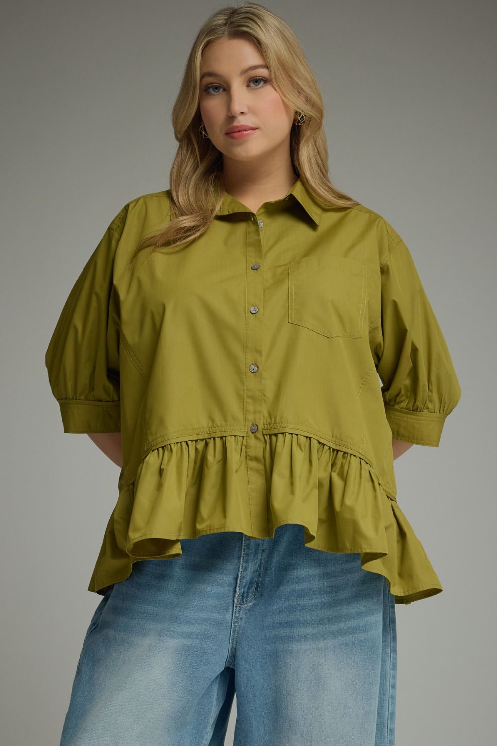 plus size green ruffled peplum button up top