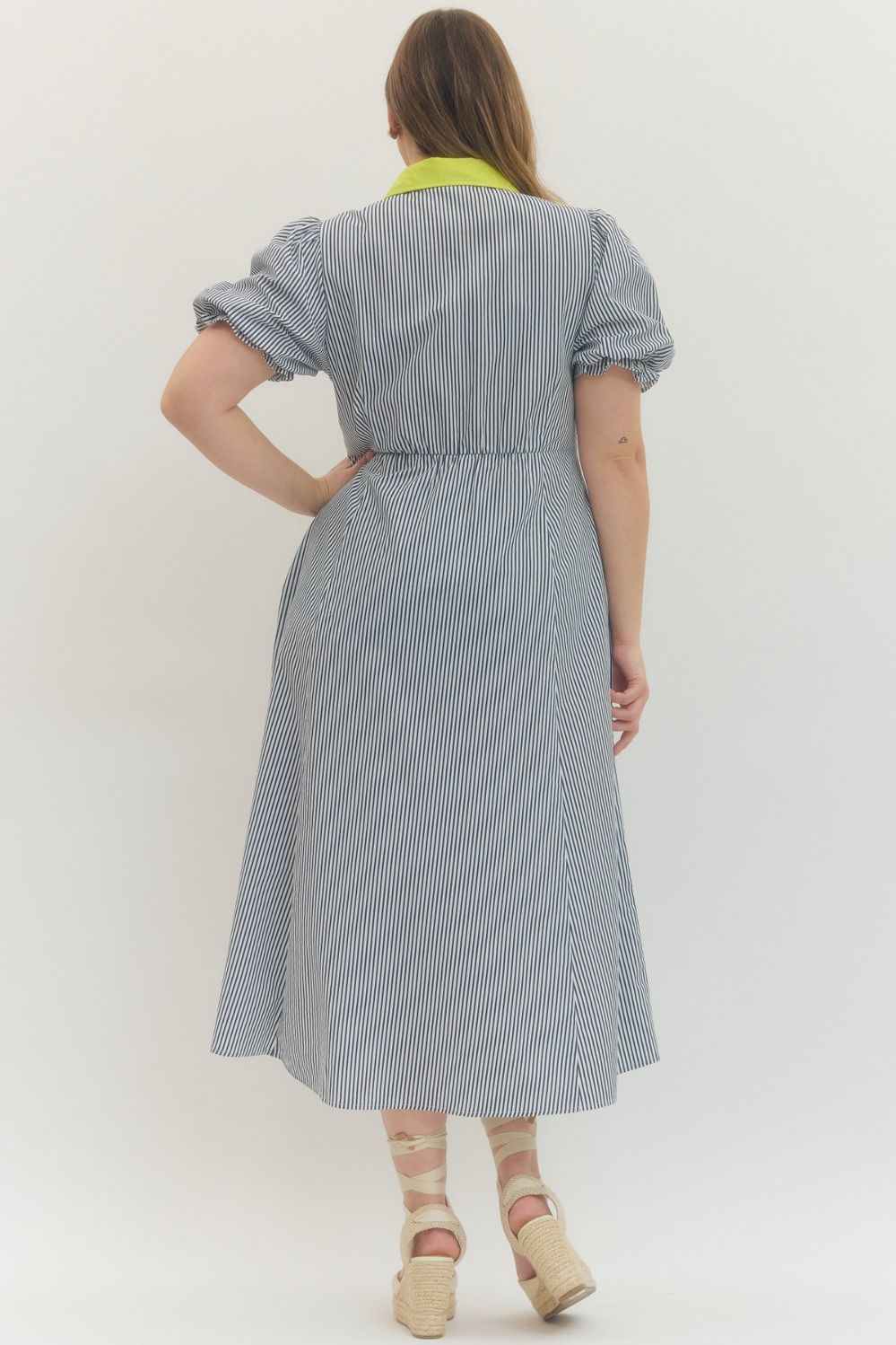 Entro navy and lime striped midi dress with a flattering silhouette