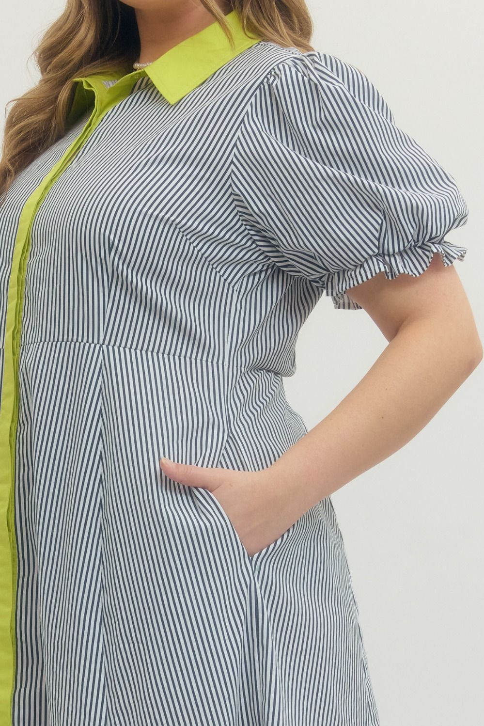 Women's plus size navy striped collared midi dress from Entro
