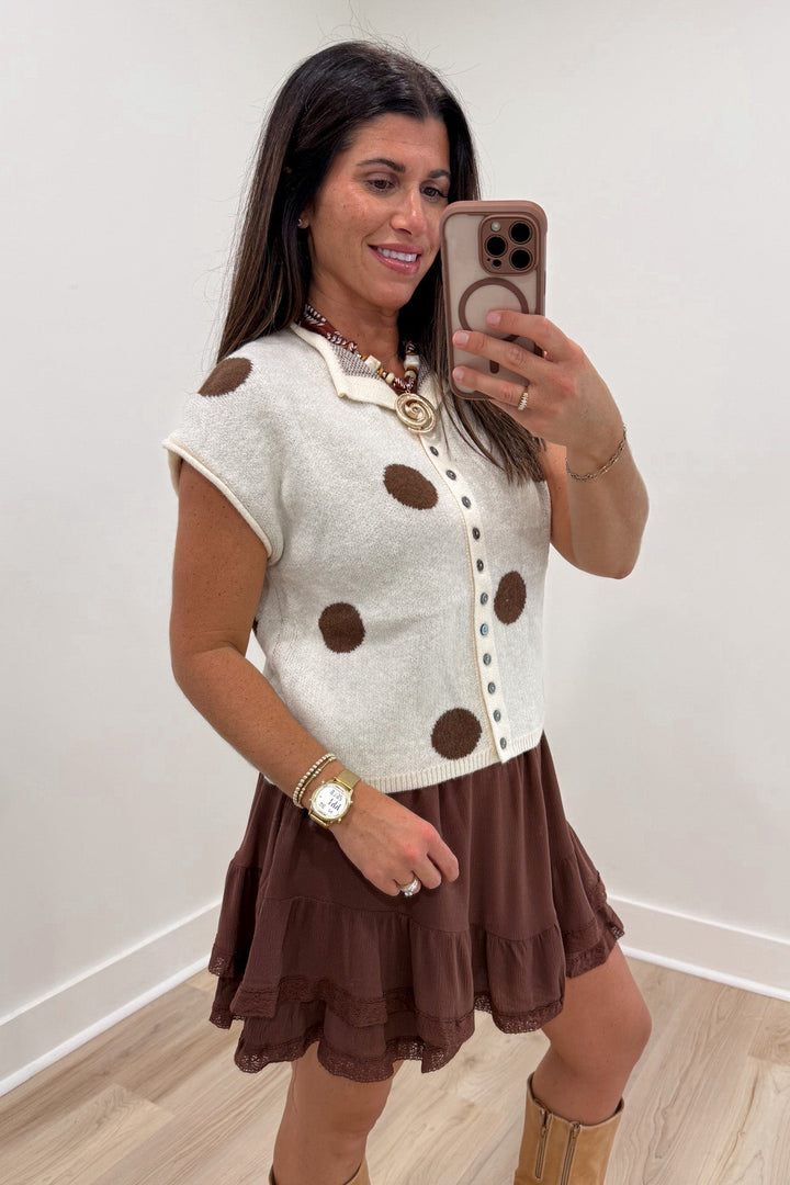 brown cream polka dot sweater knit top