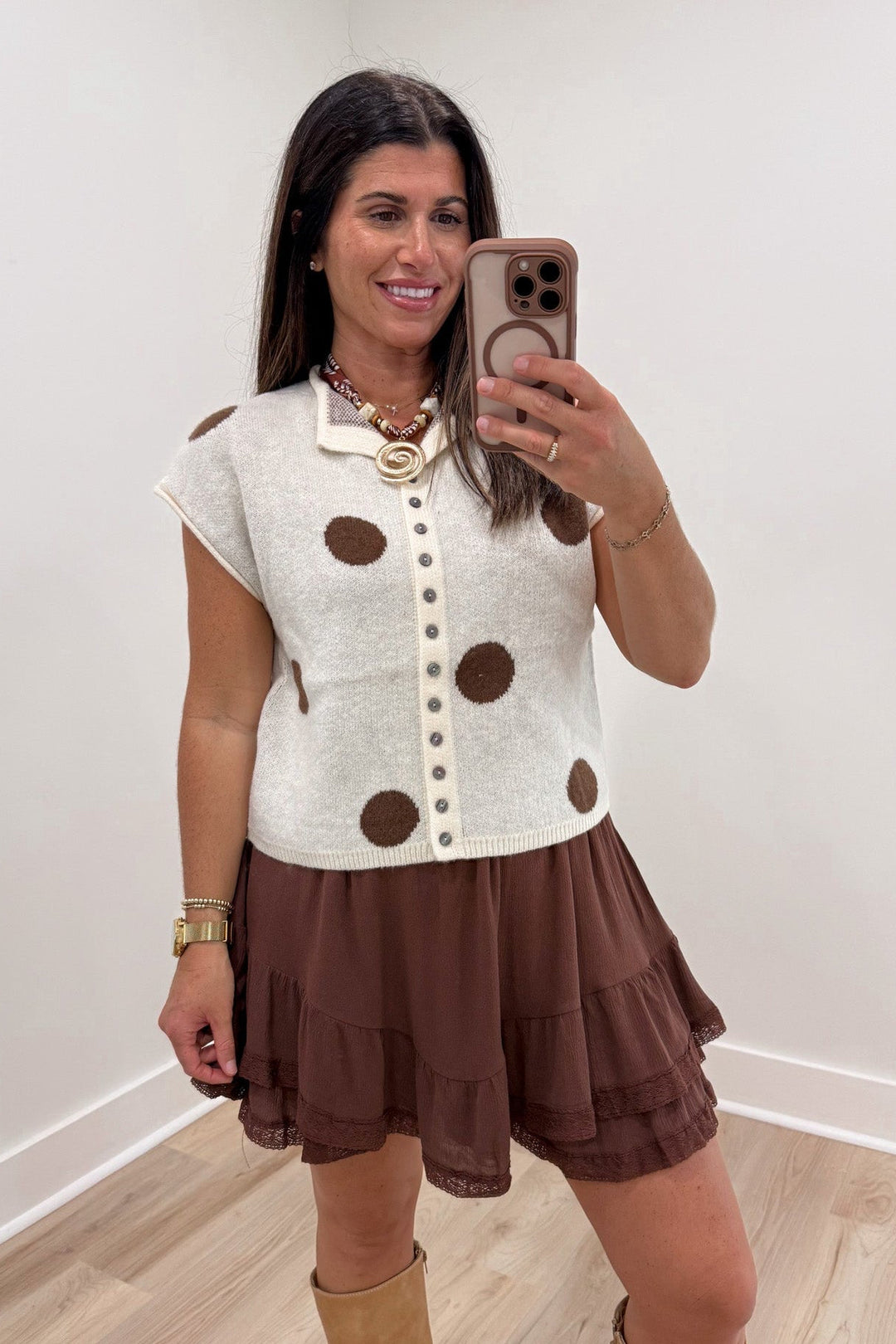 brown cream polka dot sweater knit top