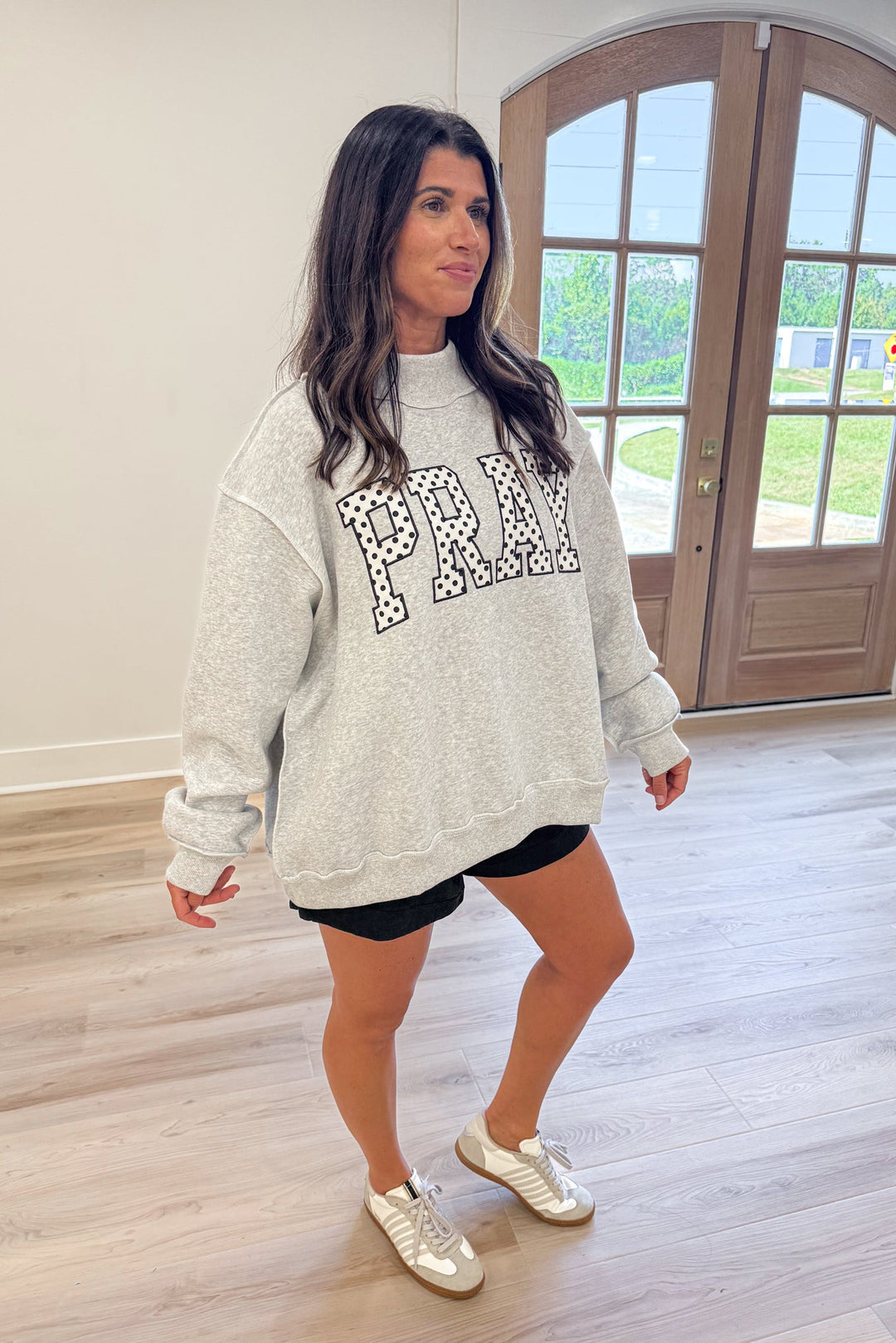 Pray patch letter oversized mock neck pullover