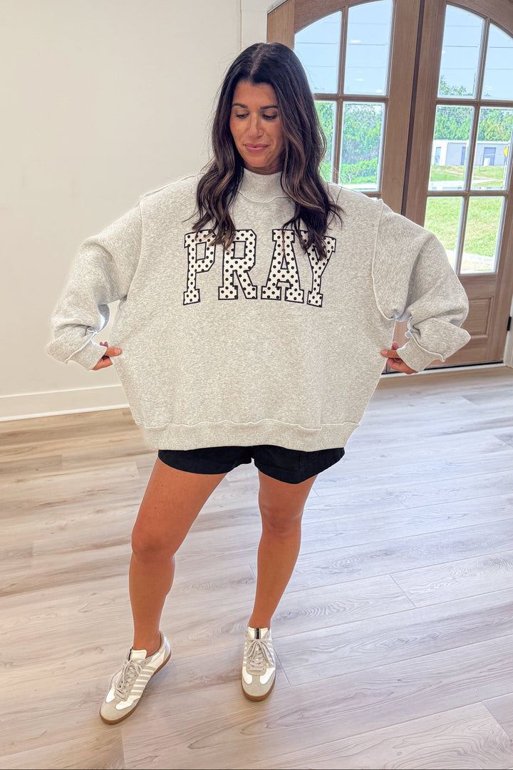 black white PRAY polka dot patch letter oversized mock neck pullover