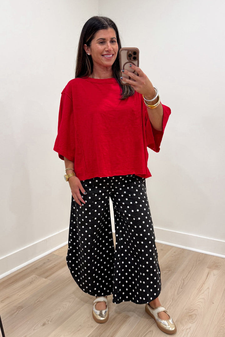 polka dot black and white pants gameday outfit