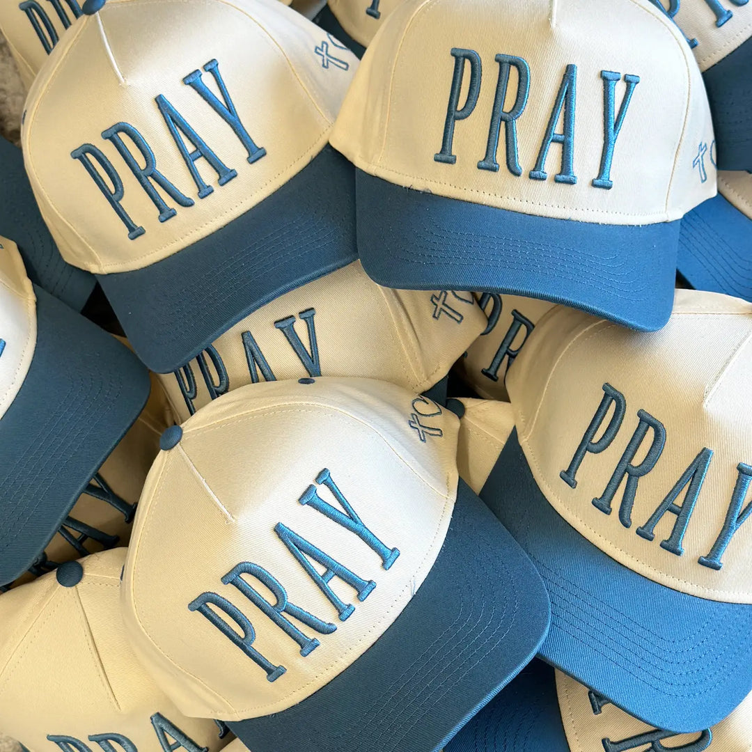 pray puff print canvas trucker hat