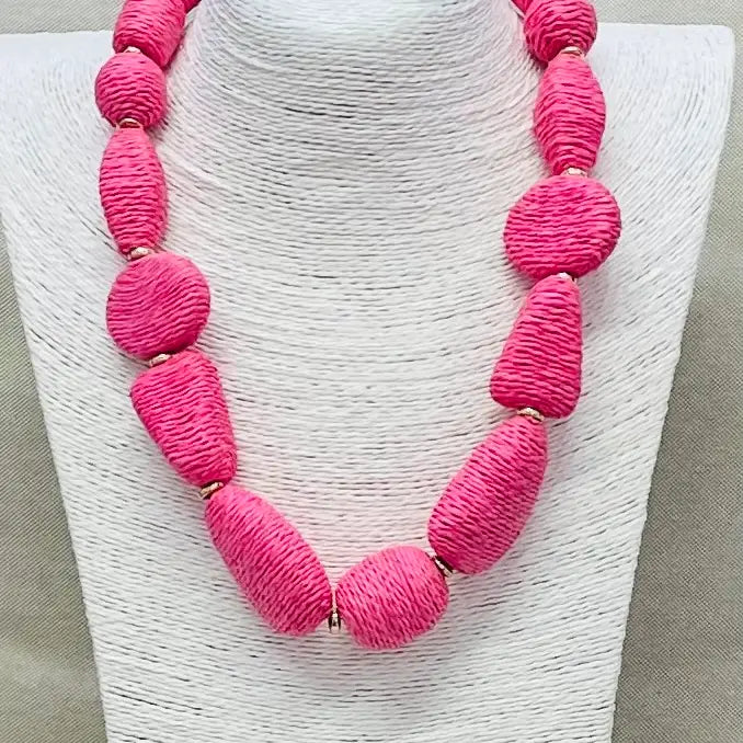 raffia beaded pink necklace