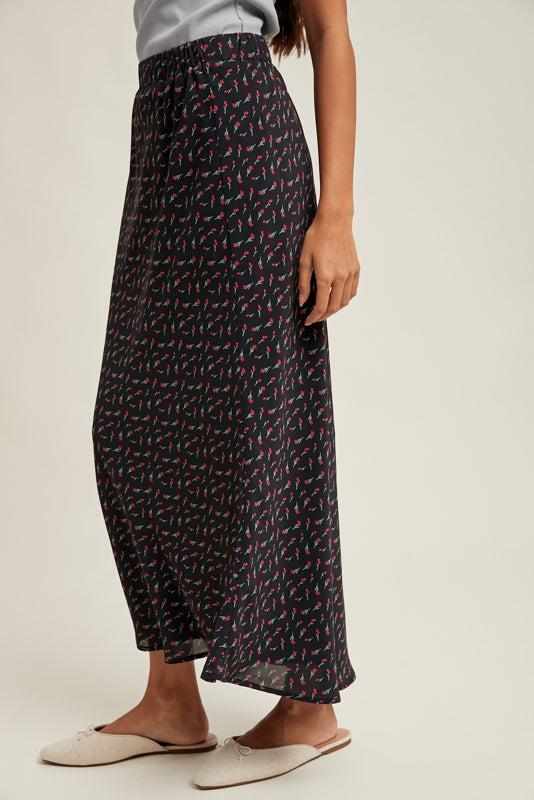 black midi skirt with olive and burgundy floral print side
