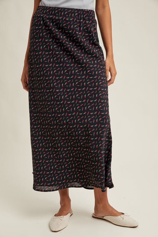 black midi skirt with olive and burgundy floral print