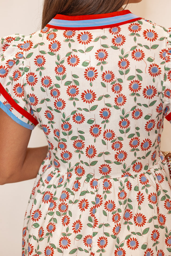 red blue floral print midi dress
