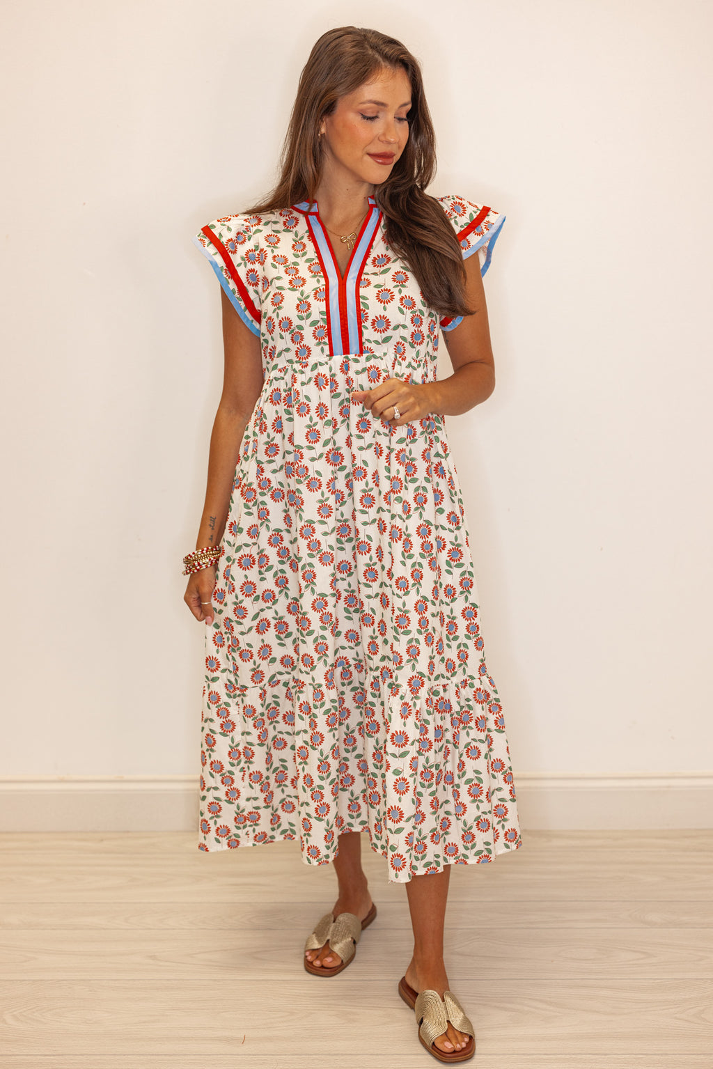 red blue floral print midi dress
