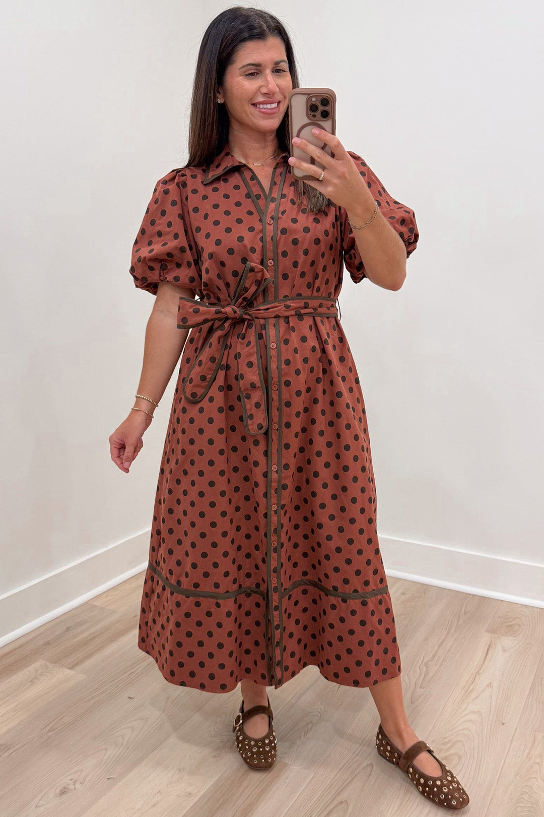 brick red with brown polka dot print puff sleeve button front cotton poplin midi dress