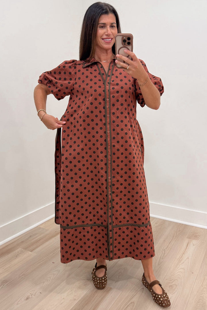 brick red with brown polka dot print puff sleeve button front flowy cotton poplin midi dress