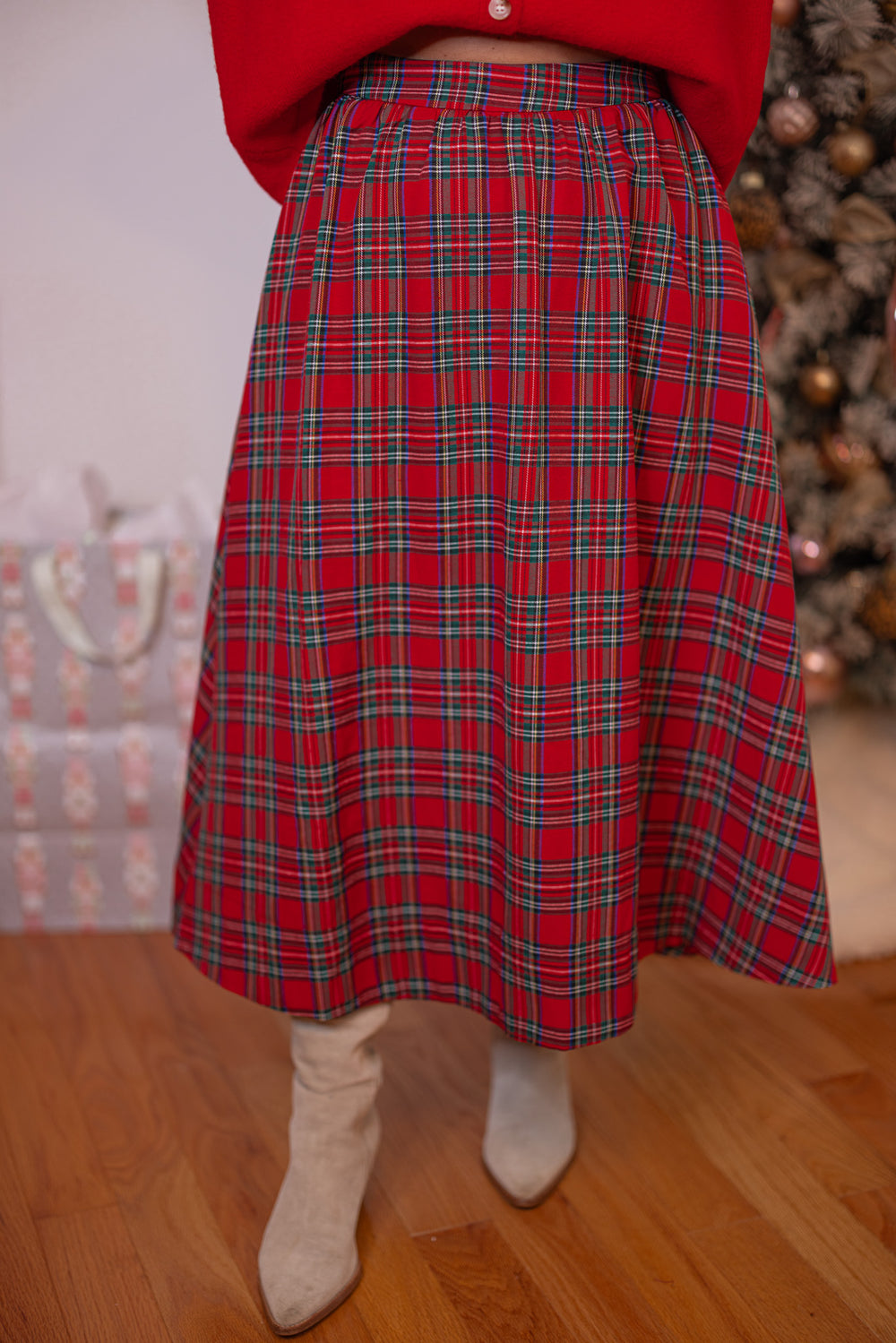 Women's red and green plaid midi skirt by Entro