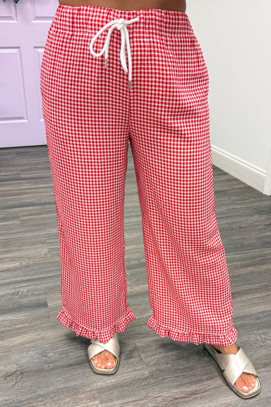 red and cream gingham checkered print ruffle hem textured drawstring wide leg pants