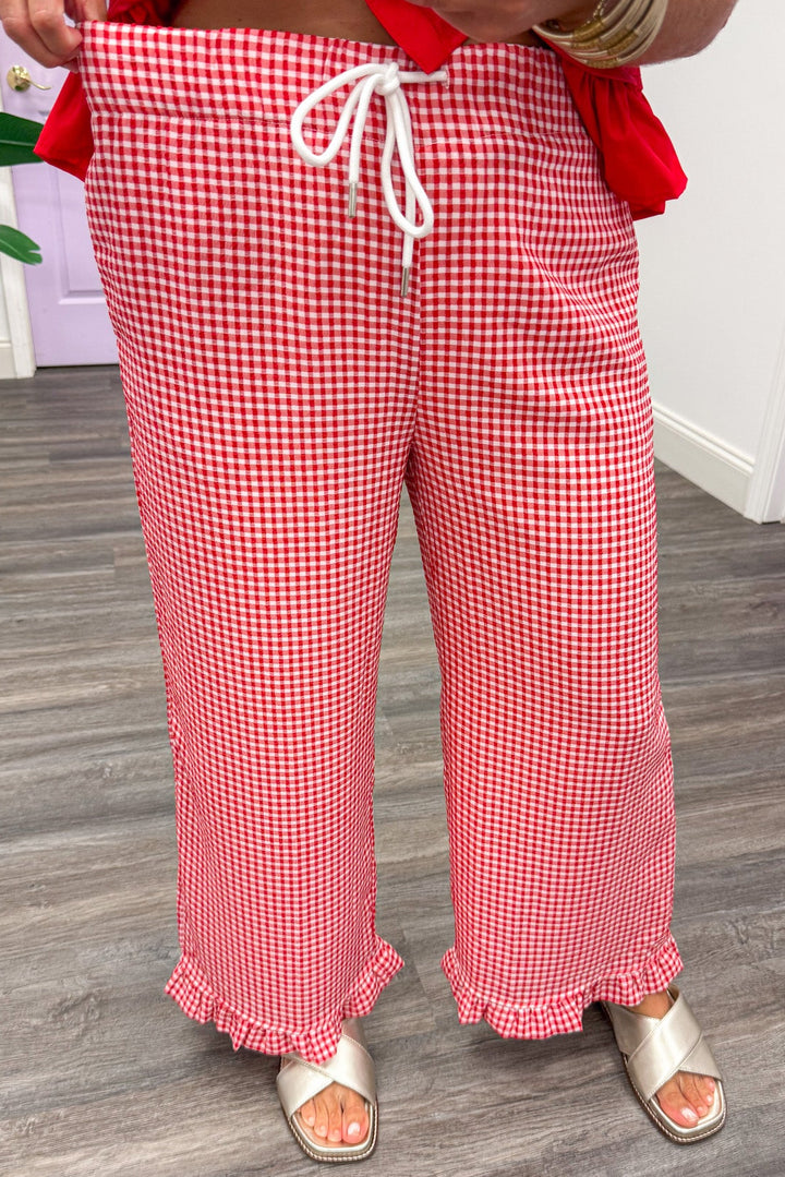 red and cream gingham checkered print ruffle hem textured elastic waist wide leg pants