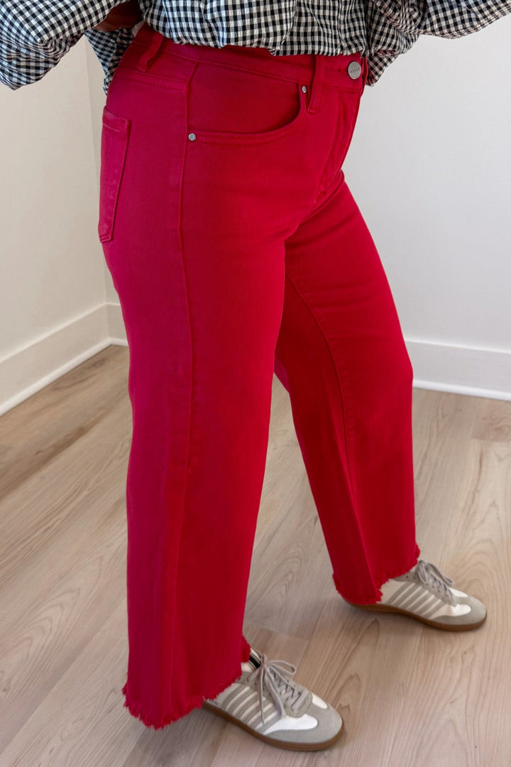 solid red denim high rise cropped wide leg frayed hem tummy control jeans with belt loops