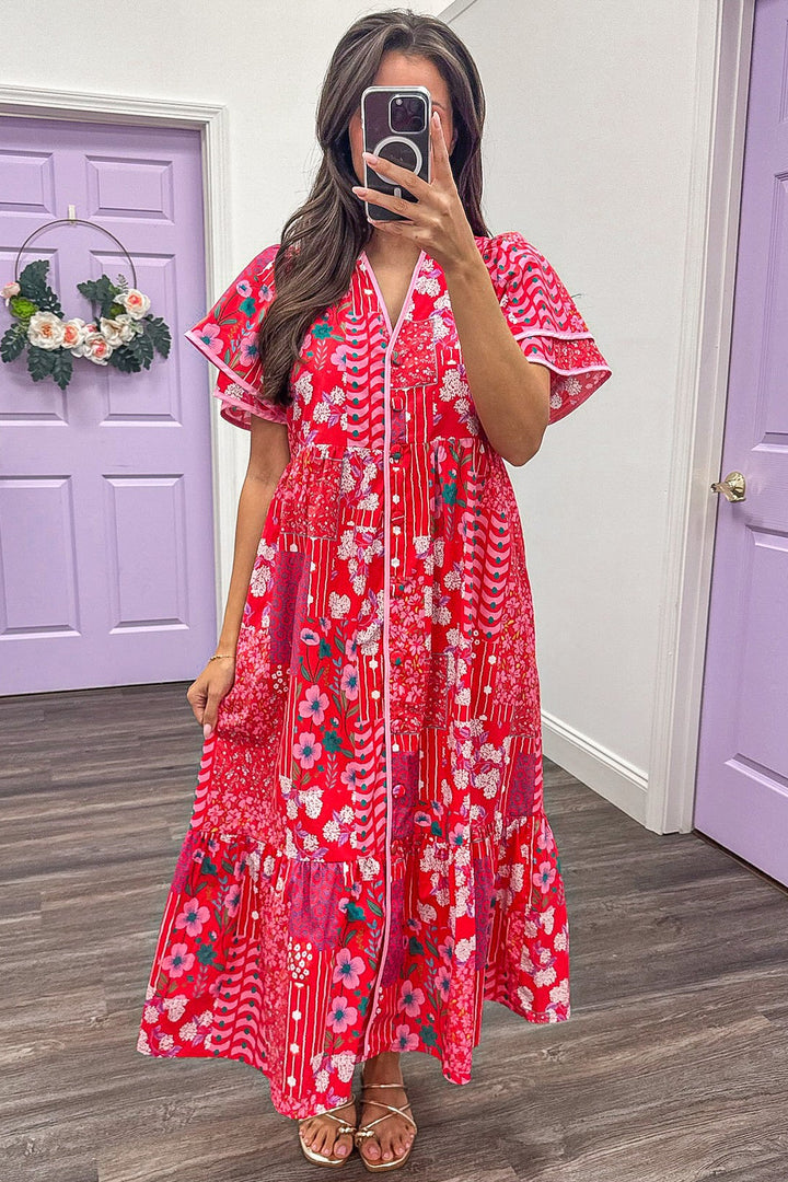 red floral patchwork print button down midi dress