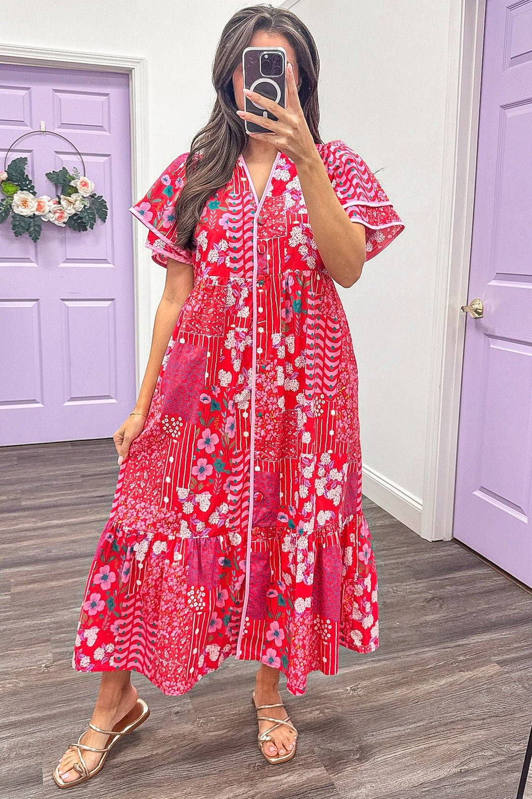 red floral patchwork print v neckline button down midi dress