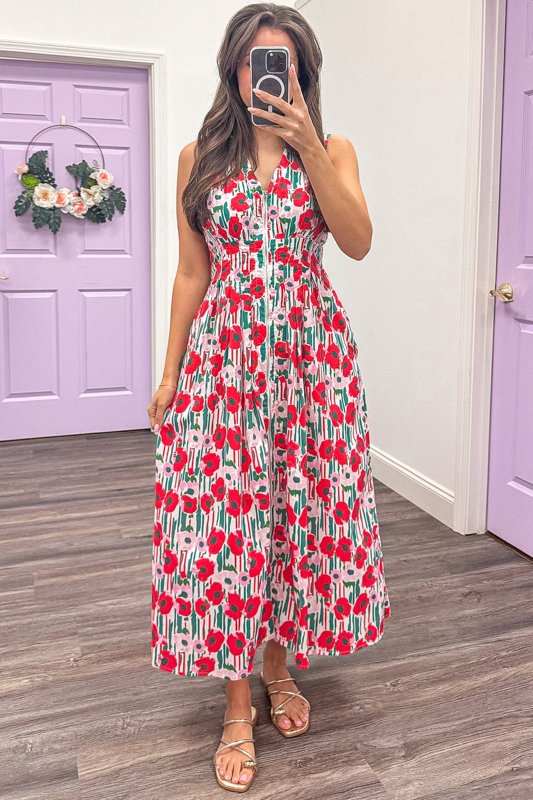 red pink and green floral print sleeveless midi dress