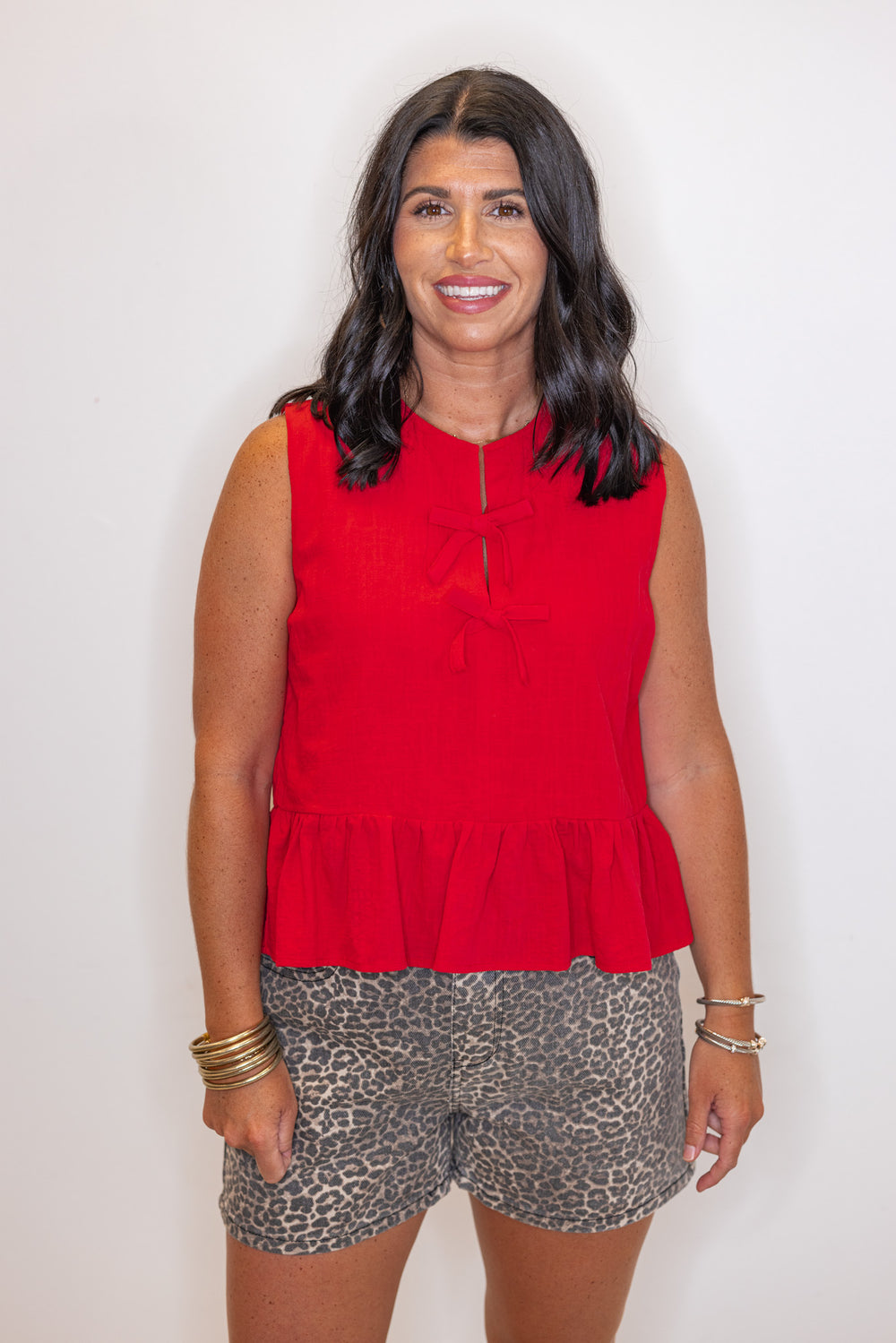 red linen cotton bow peplum dressy top